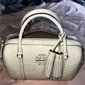 Tory Burch White Croc-Embossed Double-Tassel Satchel